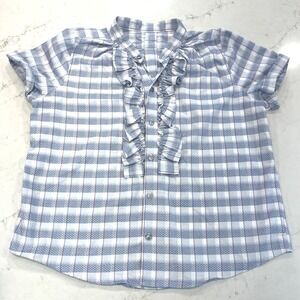 KMJ Kate McHale Jensen Ruffle Front Button Down Shirt XL Blue Purple White Plaid